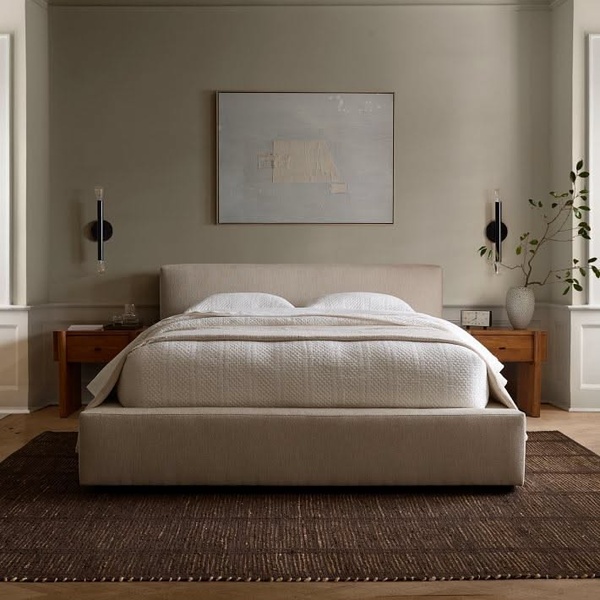 upholstered bed, platform bed, king bed frame, queen bed frame, bedroom furniture, minimalist, lifestyle, calm, luxurious, neutral, brown